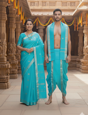 Blue Couple Set with Golden Zari Border and Butis