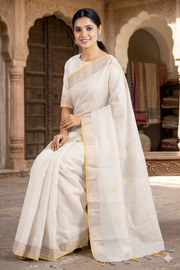 White Saree with Butis and Lining Goldan Zari Border