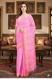 Pink Saree with Golden Zari Border and Magenta and White Butis