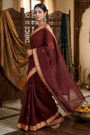 Maroon Saree with Goldan Zari Border and Butis