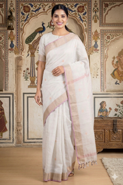 White Saree with Butis and Goldan Zari Border