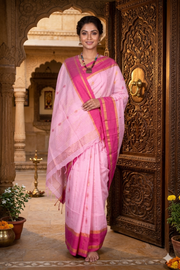 Pink Saree with Magenta and Golden Zari Border, Linings and Butis