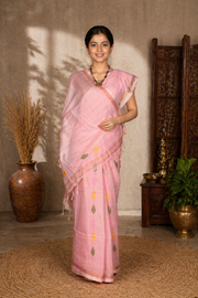 Peach Saree with Golden Zari Border, Linings and Multi Colour Butis