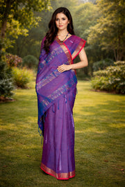 Purple Saree with Red and Golden Zari Border, Linings and White Butis