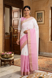 Pink and White Saree with Butis and Goldan Zari Border