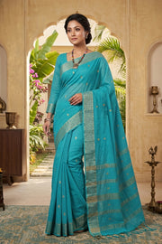 Cyan Saree with Golden Zari Border and Butis