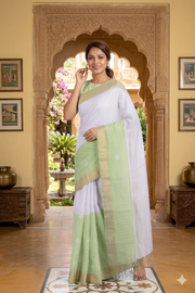 Green and White Saree with Butis and Goldan Zari Border
