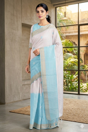 Sky Blue and White Saree with Butis and Goldan Zari Border