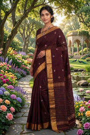 Chocolate Cosmos Maroon Saree with Silver and Golden Zari Border and Butis