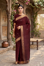 Maroon Saree with Goldan Zari Border and Butis