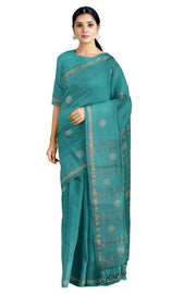 Turquoise Green Mercerised Saree with Golden Zari Border and Butis