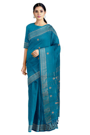 Blue Mercerised Cotton Saree with Golden Zari Border and Butis