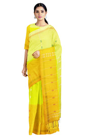 Yellow Striped Mercerised Cotton Saree with Golden Zari Border and Red and Green Lined Butis