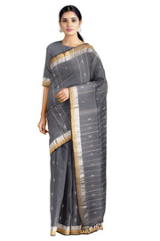 Grey Saree with Black, Golden and Silver Zari Border and Lined Butis