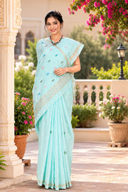 Mint Blue Saree with Golden Zari Border and Green and Light Red Butis