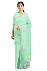 Aquamarine Green Saree with Golden Zari Linings and Border and Multi Colour Butis