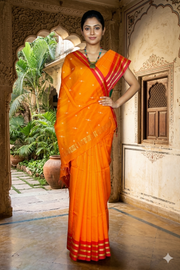 Orange Saree with Red and Golden Zari Border, Linings and White Butis