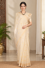 Light Peach Yellow Saree with Golden Zari Border and Yellow and Orange Butis