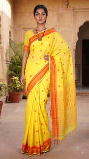 Yellow Saree with Golden Zari, Magenta, Red and Orange Border and Butis