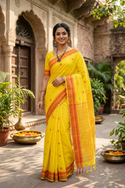 Yellow Saree with Golden Zari, Magenta, Red and Orange Border and Butis