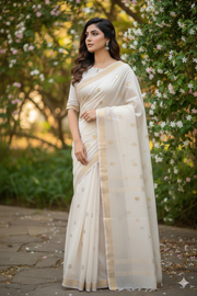 Alabaster White Saree with Silver and Golden Zari Border and Butis