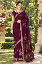 Sangria Purple Hand Embroidered Zardozi Saree with Pink and Brown Border