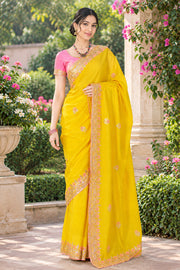 Yellow Hand Embroidered Zardozi Saree with Orange Border and Butis