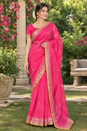 Magenta Hand Embroidered Zardozi Saree with Yellow Border