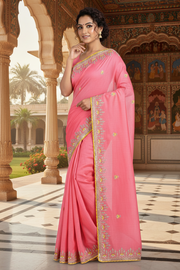 Punch Pink and Yellow Hand Embroidered Zardozi Saree