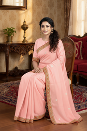 Peach and Red Hand Embroidered Zardozi Saree
