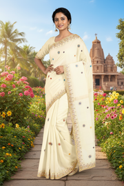 Lemon Chiffon Hand Embroidered Zardozi Saree with Multi Colour Butis