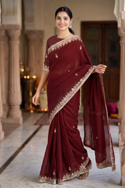 Maroon Self Line Hand Embroidered Zardozi Saree