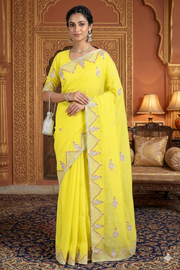 Lemon Yellow Hand Embroidered Zardozi Saree