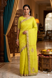 Lemon Yellow Hand Embroidered Zardozi Saree