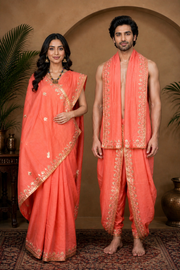 Peach Hand Embroidered Zardozi Couple Set