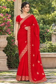 Red Hand Embroidered Zardozi Saree