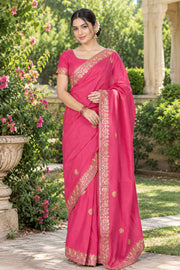 Camellia Rose Magenta Hand Embroidered Zardozi Saree