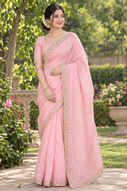 Misty Rose Pink Hand Embroidered Zardozi Saree