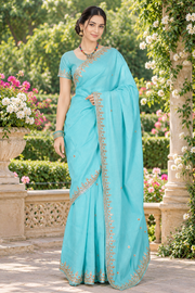 Pale Turquoise Hand Embroidered Zardozi Saree