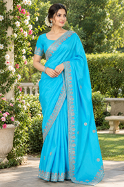 Baby Blue Hand Embroidered Zardozi Saree
