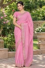 Cotton Candy Pink Hand Embroidered Zardozi Saree
