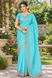 Electric Blue Hand Embroidered Zardozi Saree