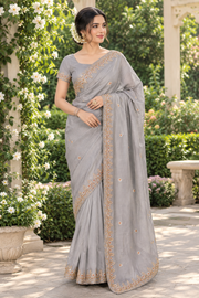 Grey Hand Embroidered Zardozi Saree