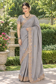 French Grey Hand Embroidered Zardozi Saree