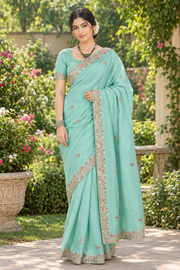 Light Cyan Hand Embroidered Zardozi Saree