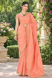 Peach Pink Hand Embroidered Zardozi Saree