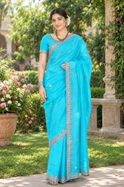 Vivid Sky Blue Hand Embroidered Zardozi Saree