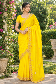 Yellow Hand Embroidered Zardozi Saree