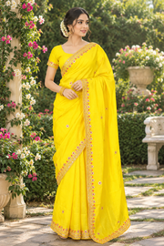 Yellow Hand Embroidered Zardozi Saree