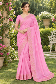 Carnation Pink Hand Embroidered Zardozi Saree
